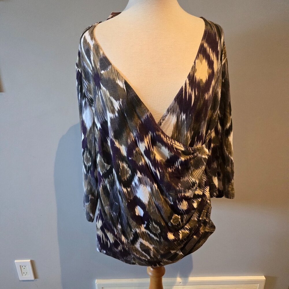 Worthington Woman Ikat Faux Wrap Top | Size 3X | Purple & Olive